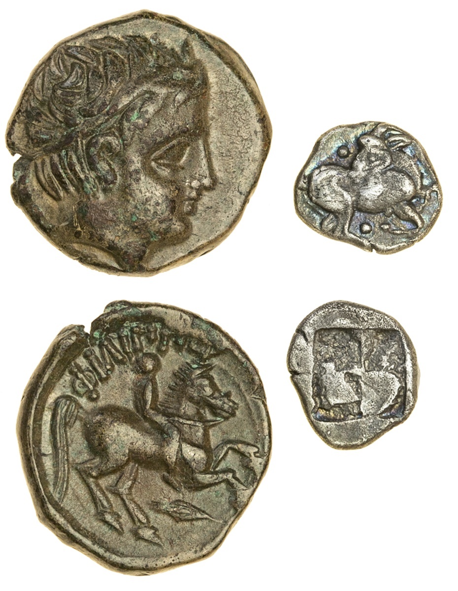 Macedon, Aigai (c 510-480 BC), AR Trihemiobol, 1.01g, goat kneeling right, head backturned, pel...