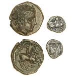 Macedon, Aigai (c 510-480 BC), AR Trihemiobol, 1.01g, goat kneeling right, head backturned, pel...