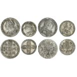 George II small silver (2), Shilling, 1739, rev. roses in angles (S.3701); also, Sixpence, 1758...