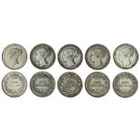 Victoria (1837-1901), Shillings (5), type A3 (2), 1840; 1860 (S.3904); also, type A4, 1866, die...