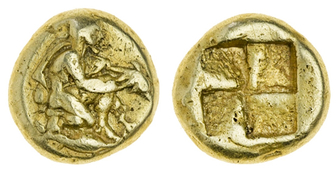 Asia Minor, Mysia, Cyzicus (c. 450-400 BC), EL Hekte, 2.67g, Poseidon kneeling right, wearing c...