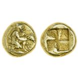 Asia Minor, Mysia, Cyzicus (c. 450-400 BC), EL Hekte, 2.67g, Poseidon kneeling right, wearing c...