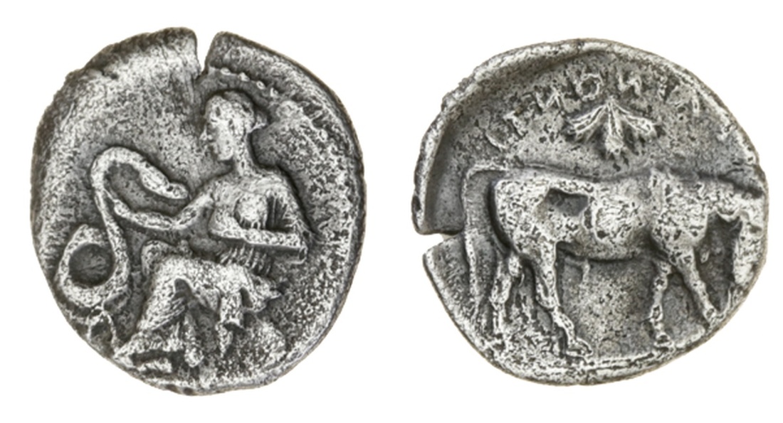 Sicily, Selinus (c. 466-415 BC), AR Litra, 0.66g, nymph seated on rock grasping large snake, re...