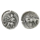 Sicily, Selinus (c. 466-415 BC), AR Litra, 0.66g, nymph seated on rock grasping large snake, re...