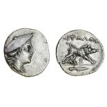 Aetolia (c. 279-168 BC), AR Hemidrachm, 2.48g, head of Atalanta, wearing petasos, rev. boar rig...