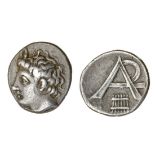 Arcadian League (c. 340 BC), AR Obol, 0.84g, Megalopolis, horned head of Pan left, rev. monogra...