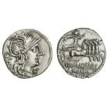 M. Aburius M. f. Geminus (132 BC), AR Denarius, 3.93g, Rome, helmeted head of Roma right, gem b...