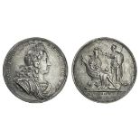 George I, Coronation, 1714, in silver, by J. Croker, laureate, armoured and draped bust right,...