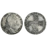 William III (1694-1702), Halfcrown, 1697 nono, Exeter, first laureate and draped bust right, e...