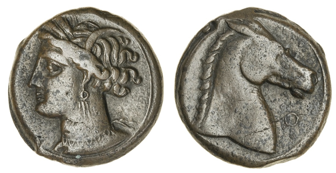 Sardinia, Zeugitania (c. 300-264 BC), Æ Unit, 5.39g, head of Tanit left, rev. horse right (SNG...