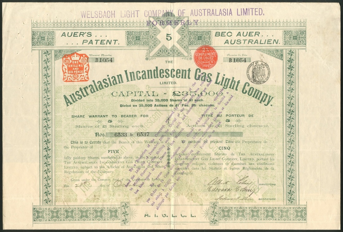 New Zealand - Australia: Australasian Incandescent Gas Light Co. Ltd., bearer warrant for 5 sha...