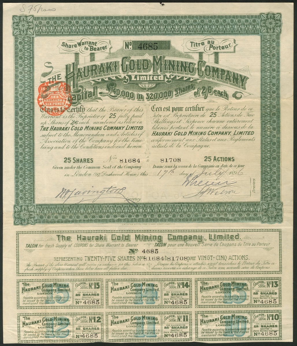 New Zealand: Hauraki Gold Mining Co. Ltd., bearer warrant for 25 shares of 2/6d, 189[6], #4685,...