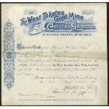 New Zealand: West Tokatea Gold Mine Ltd., 10/- shares, 9s 6d paid, 190[0], #97, scrollwork at l...