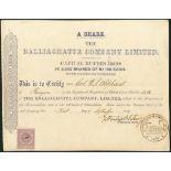 India: Balliaghatta Company Limited, a group of 4 certificates for one share of 100 rupees, 187...