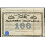 USA: Alegheny Valley Railroad Co., bond for $100, 1874, #31956, horses with seal top centre, or...