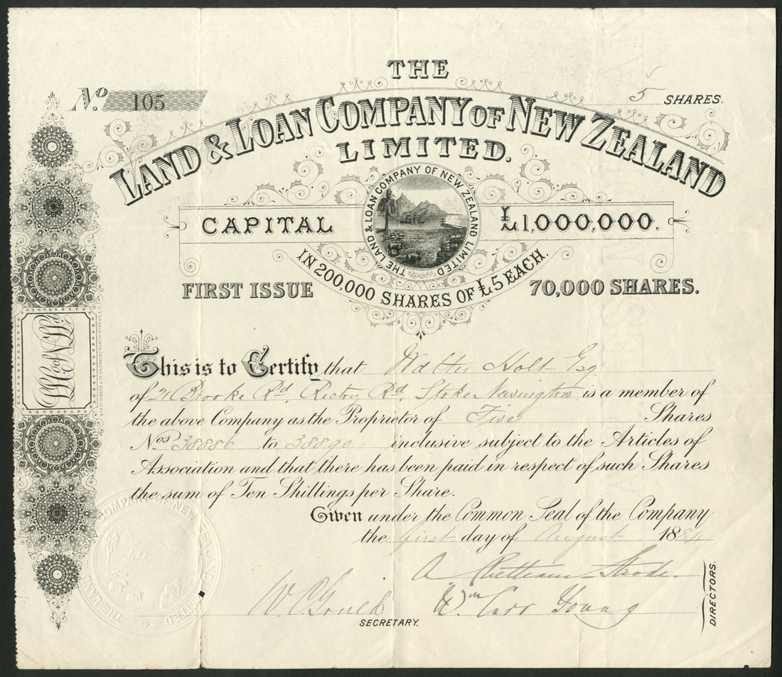 New Zealand: Land & Loan Company of New Zealand Ltd., £5 shares, 10/- paid, 18[84], #105, attra...