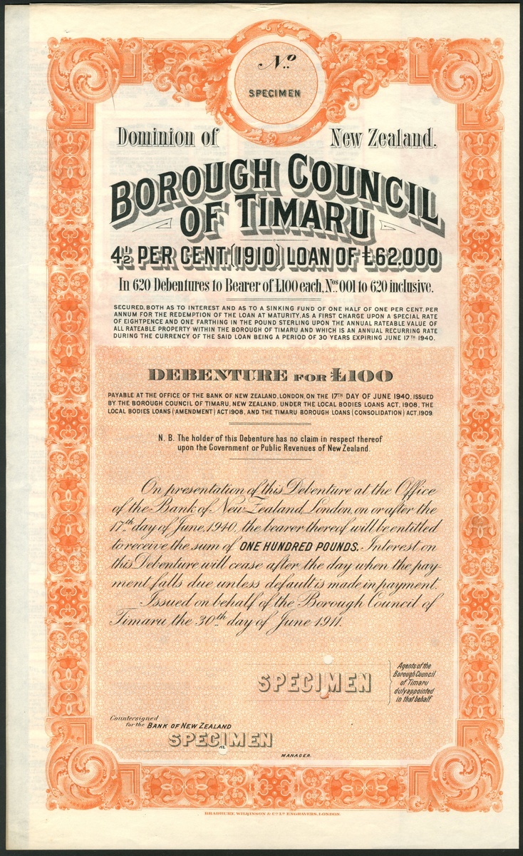 New Zealand: Borough Council of Timaru, 1910, 4½% Loan, £100 debenture, a specimen certificate...