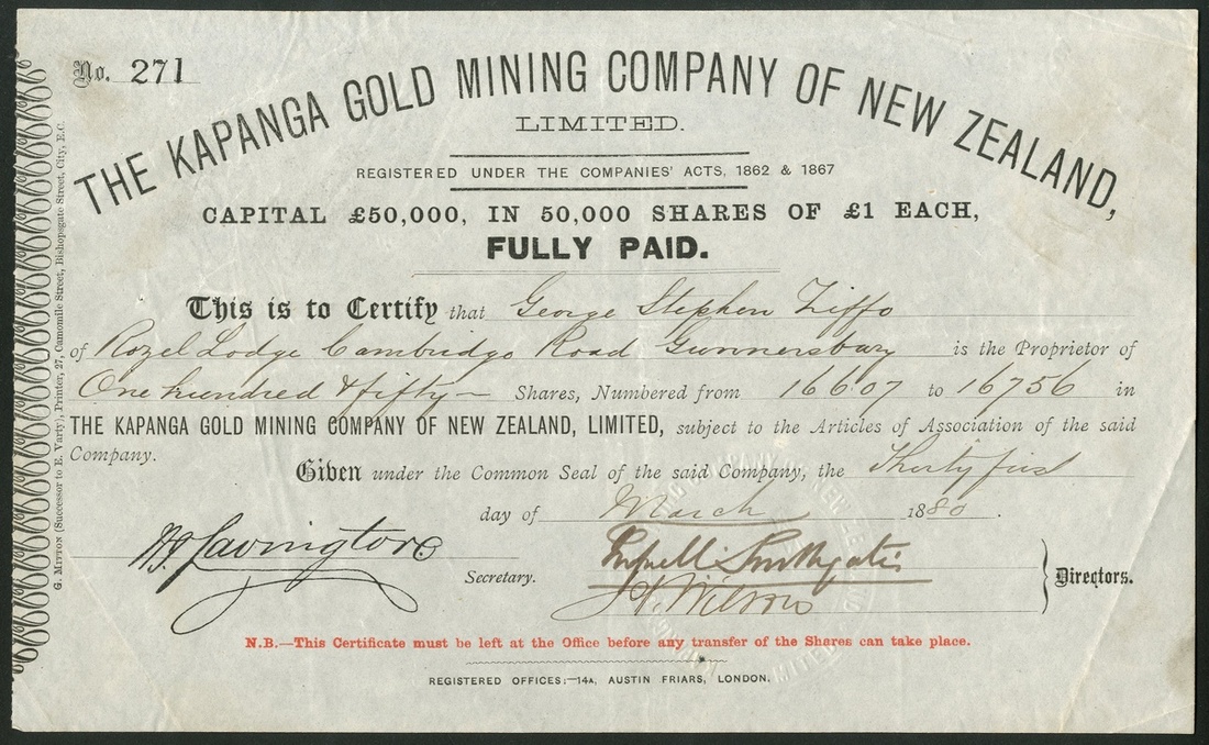 New Zealand: Kapanga Gold Mining Company of New Zealand Ltd., £1 shares, 18[80], #271, black. G...