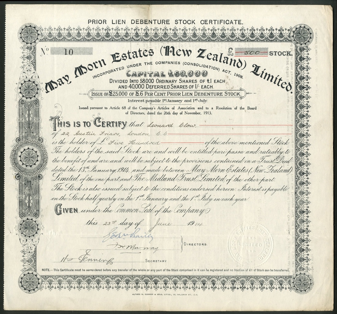 New Zealand: May Morn Estates (New Zealand) Ltd., a group of 3 certificates for £1 ordinary sha...