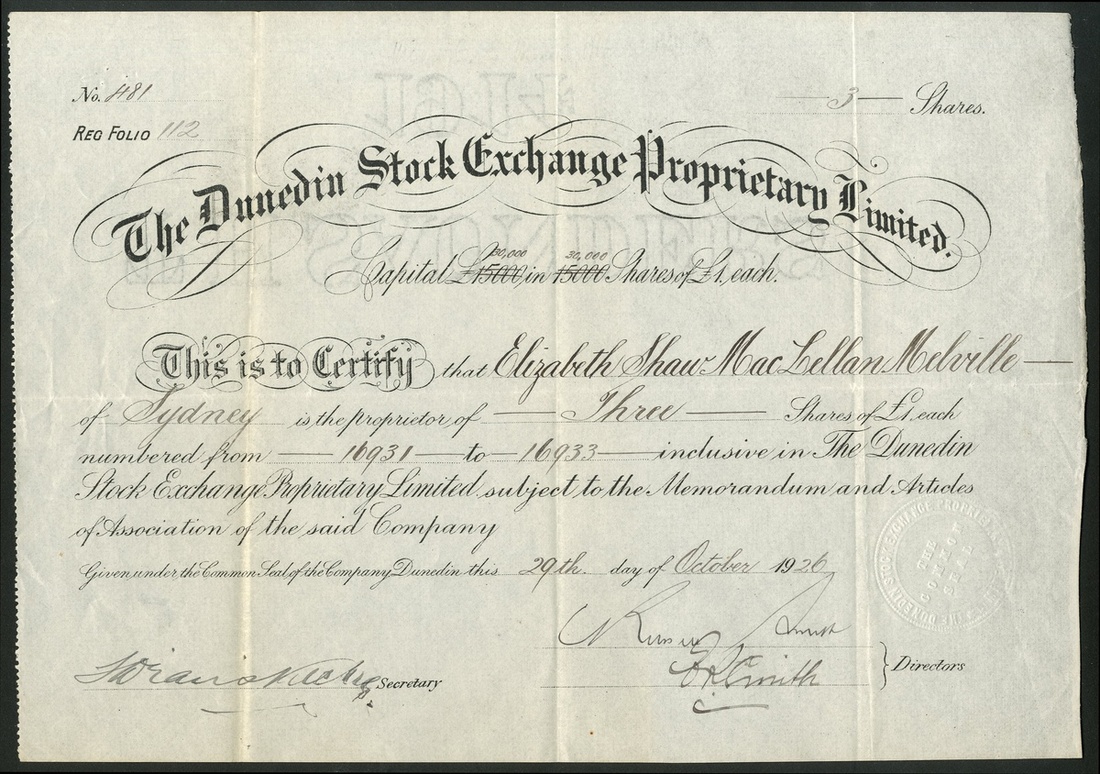 New Zealand: Dunedin Stock Exchange Proprietary Ltd., £1 shares, 19[26], 481, black. VF and sca...