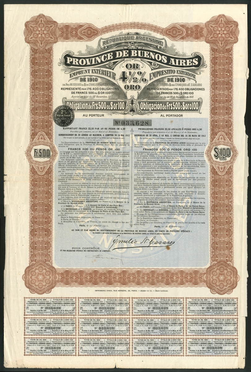 Argentina: Province of Buenos Aires, 4½% Exterior Gold Loan, 1910, a pair of bonds for 500 fran...