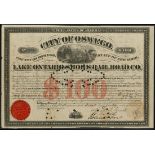 USA: Lake Ontario Shore Rail Road Co., bonds for $100 (3), $500 (3) and $1000 (2) issued by the...