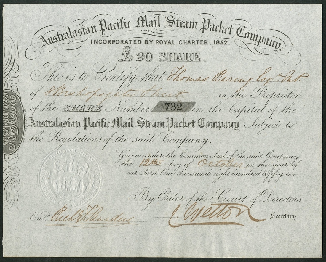 New Zealand - Australia: Australasian Pacific Mail Steam Packet Company, £20 share, 1852, #732,...