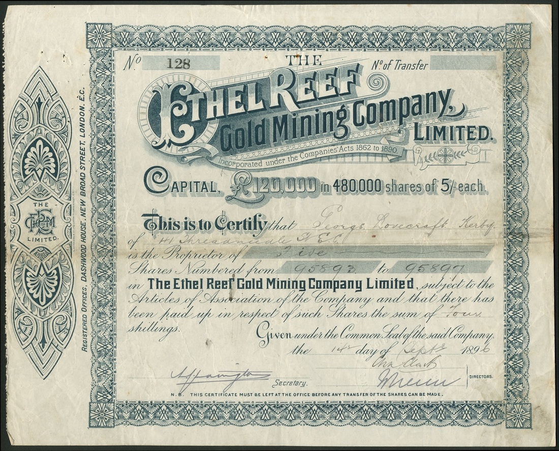 New Zealand: Ethel Reef Gold Mining Co. Ltd., 5/- shares, various amounts paid, 189[6], #128, o...