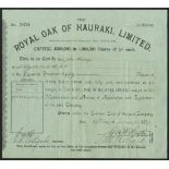 New Zealand: Royal Oak of Hauraki Ltd., 5/- shares, 189[7], #5624, black on green paper, togeth...