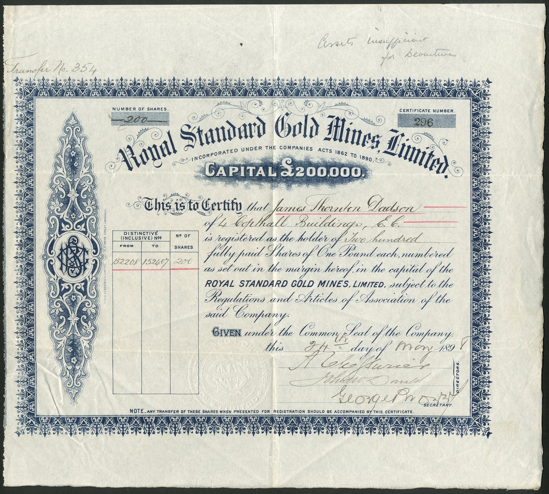 New Zealand: Royal Standard Gold Mines Ltd., £1 shares, 189[8], #296, ornate border, blue. Regi...