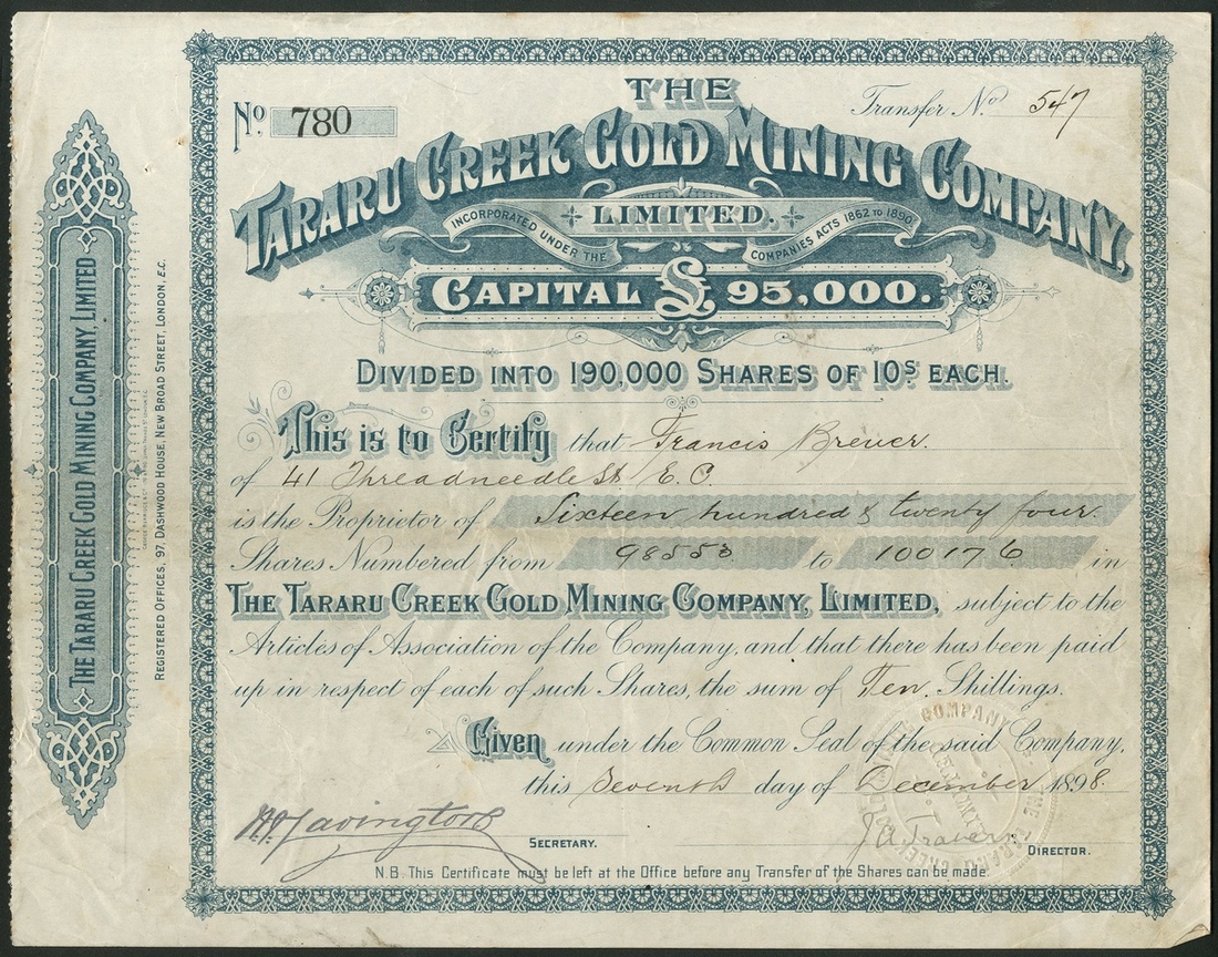 New Zealand: Tararu Creek Gold Mining Co. Ltd., 10 shilling shares, various amounts paid, 189[8...