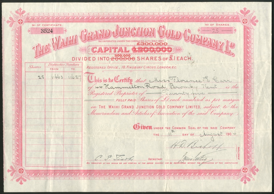 New Zealand: Waihi Grand Junction Gold Company Ltd., pair of certificates for £1 shares, the fi...