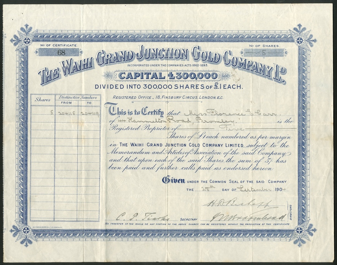 New Zealand: Waihi Grand Junction Gold Company Ltd., pair of certificates for £1 shares, the fi... - Image 2 of 2