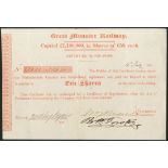 Ireland: Great Munster Railway, provisional certificate for 10 shares of £50, £2 10s per share...