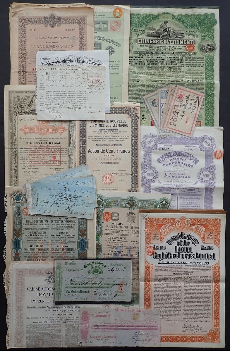 A miscellaneous selection of certificates, including China, 1913 5% Reorganisation Gold Loan, R...