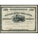 USA: Danville, Olney and Ohio River Railroad Co., $100 shares, 188[0], #7, steam train passing...