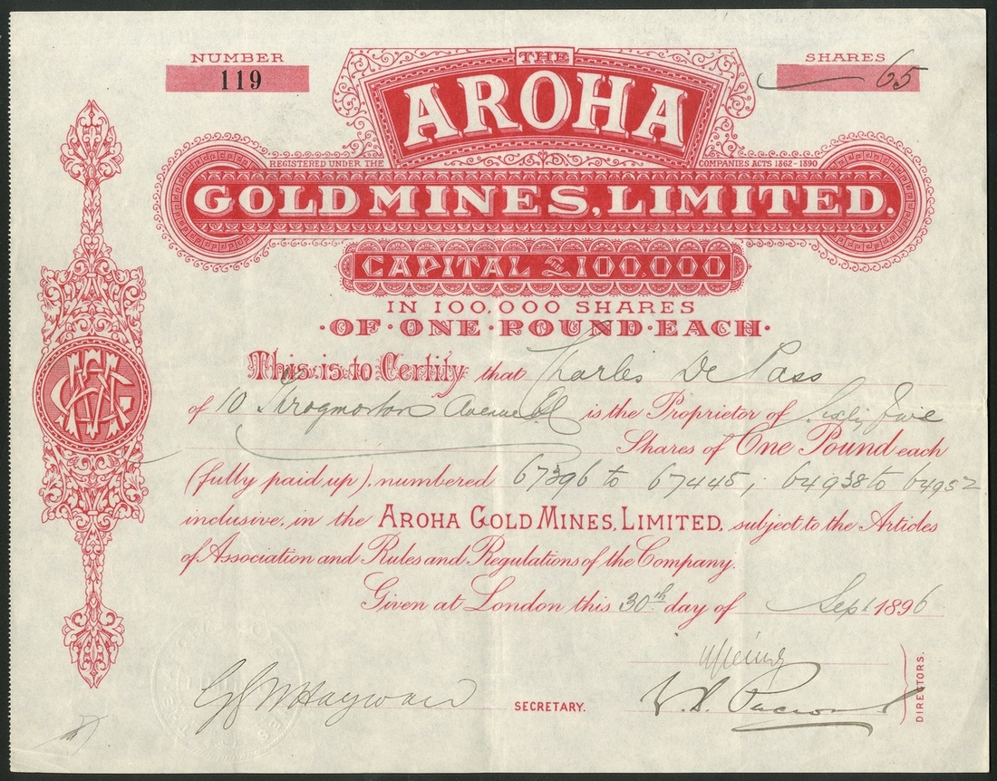 New Zealand: Aroha Gold Mines Ltd., £1 shares, 189[6], #119, attractive red printing. Registere...