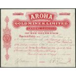 New Zealand: Aroha Gold Mines Ltd., £1 shares, 189[6], #119, attractive red printing. Registere...