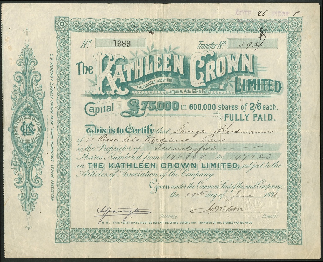 New Zealand: Kathleen Crown Ltd., pair of certificates for shares of 2/6d, the first fully paid...