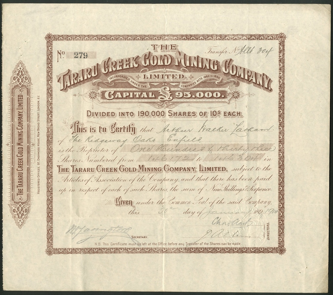 New Zealand: Tararu Creek Gold Mining Co. Ltd., 10 shilling shares, 9s 6d paid, 189[900], #279,...