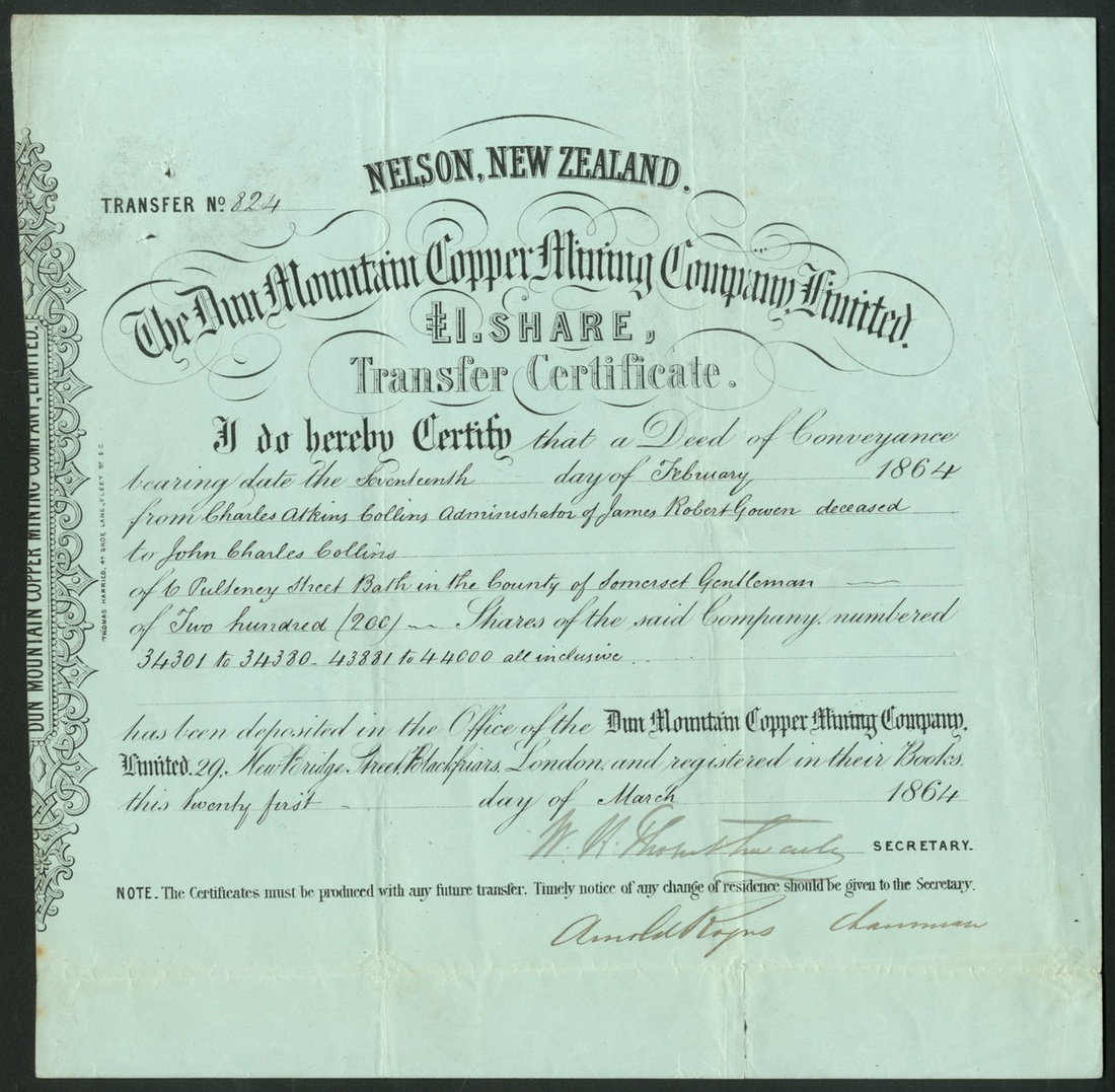 New Zealand: Dun Mountain Copper Mining Co. Ltd., 20 shares of £1, 185[7], #15598, scrollwork a... - Image 2 of 2