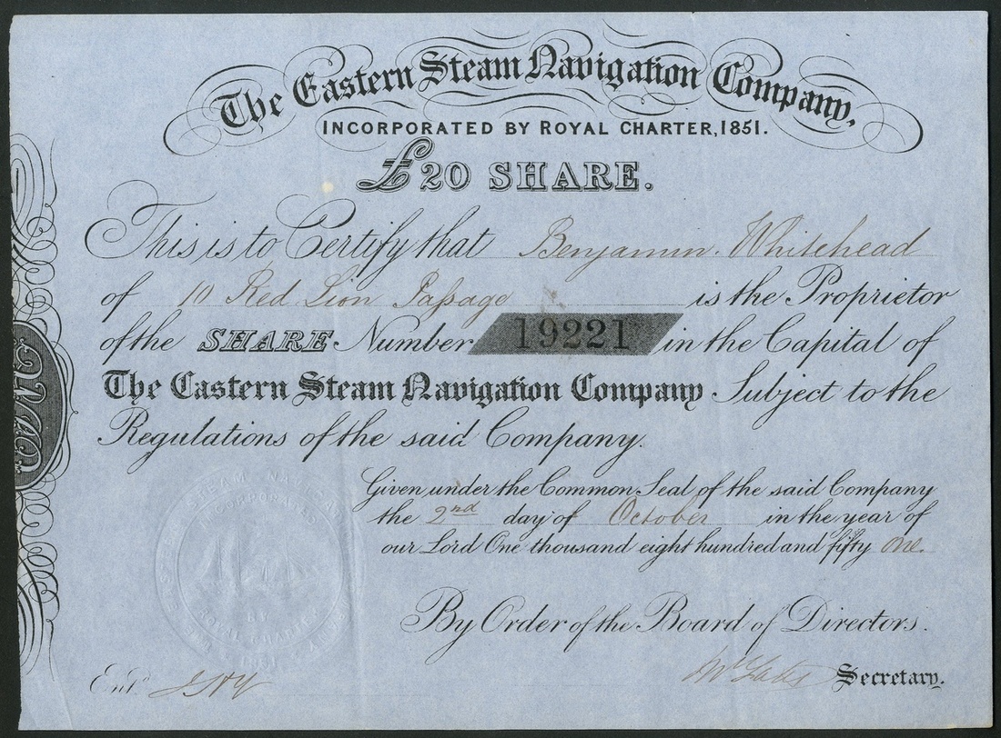 New Zealand: Eastern Steam Navigation Company, £20 share, 1851, #19221, black on blue paper, vi...