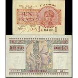 Saar, 1 frank, 1919 serial number A157,185 and 10 mark, 1 Q.11 25592, (Pick 2 and 6),