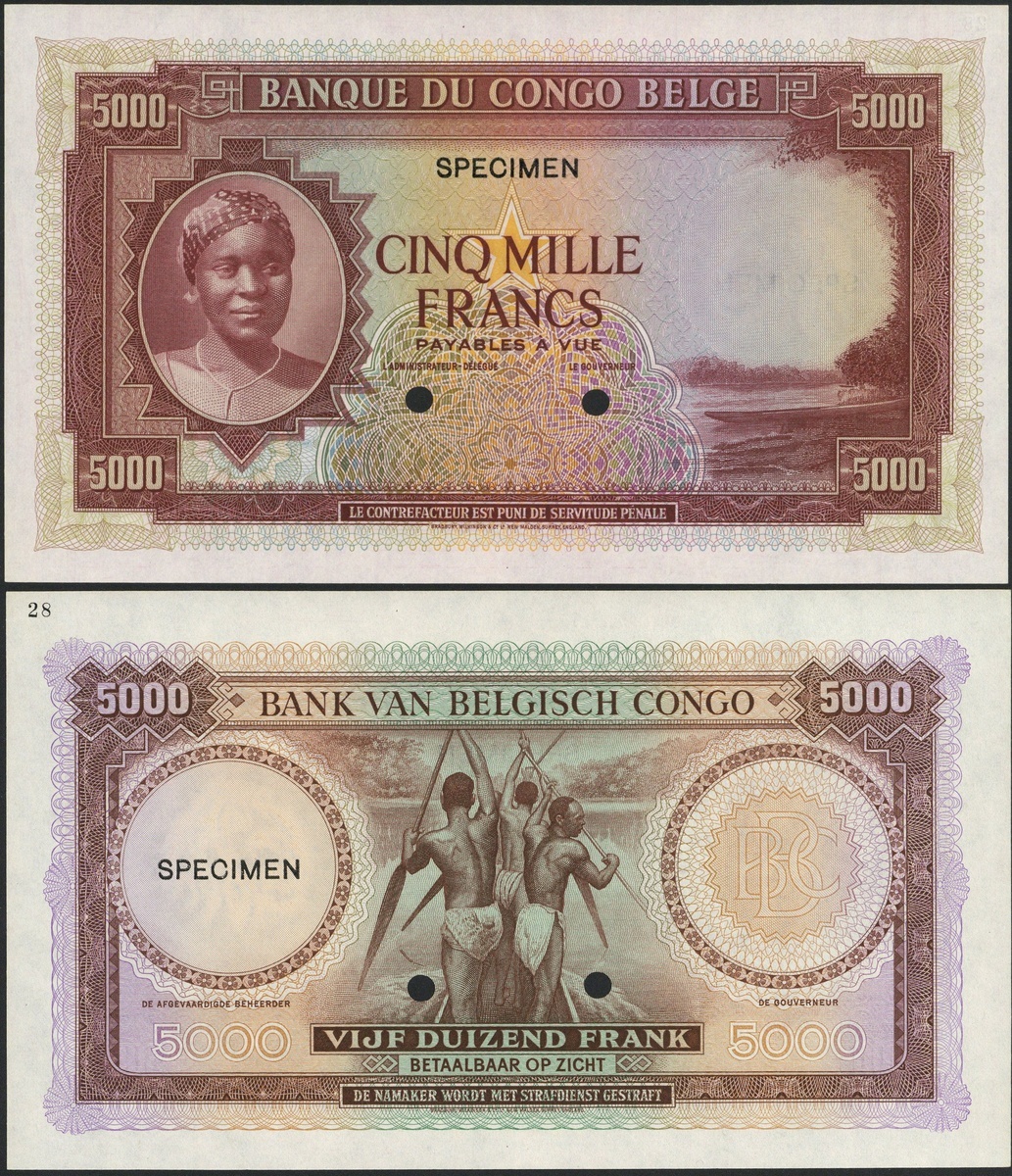 Banque du Congo Belge, colour trial 5000 francs, ND (1950), no serial numbers, (Pick 19A, TBB B...