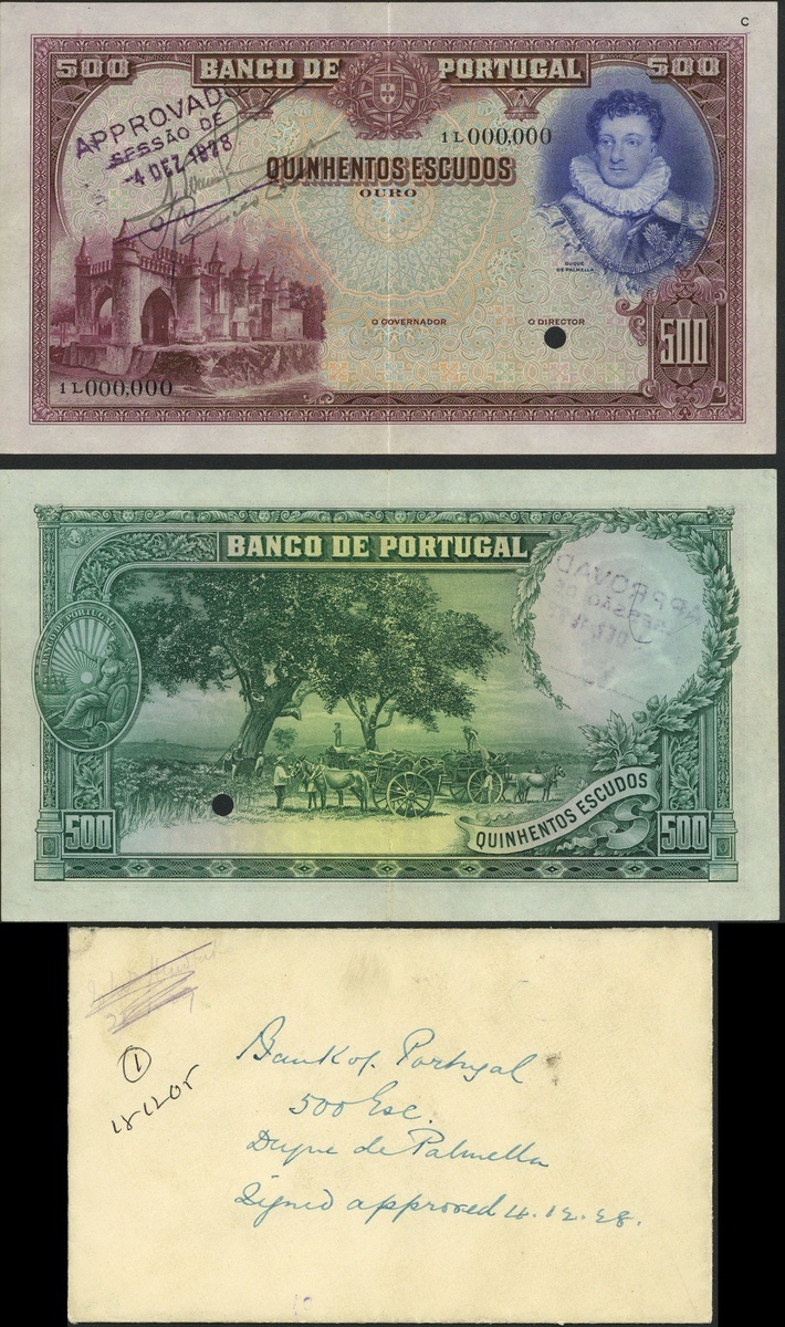 Portugal, Banco de Portugal, 500 escudos, specimen/proof, ND (1928), serial number 1L 000,000,...