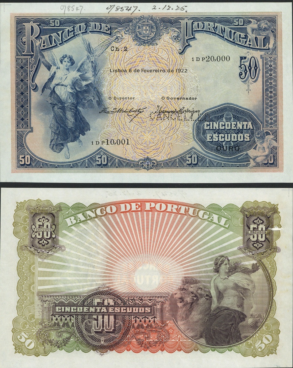 Portugal, Banco de Portugal, control number specimen 50 escudos, 6.2.1922, serial number range...