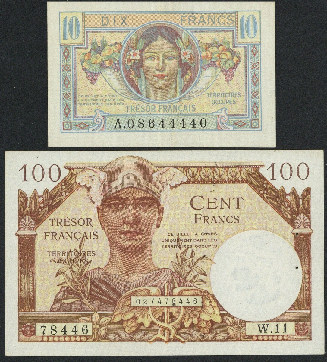 France, Tresor Francais, 10 francs, serial number A.08644440 and 100 francs, W.1178446, no date...