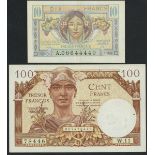 France, Tresor Francais, 10 francs, serial number A.08644440 and 100 francs, W.1178446, no date...