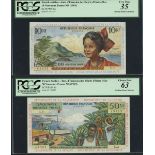 French Antilles, Institut d'Emission des Departments d'Outre Mer, lot of 2 notes, 10 Nouveaux F...