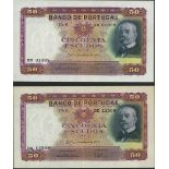 Portugal, Banco de Portugal, lot of 2x 50 escudos, 3.3.1938, serial numbers KB01008 and OK12508...